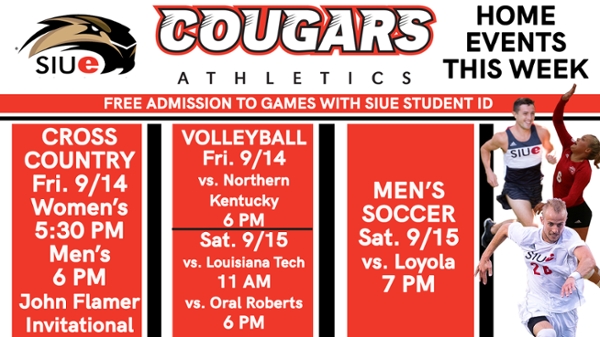 Cross Country meets this Friday. Volleyball games Friday and Saturday. Men's Soccer game Saturday at 7pm.